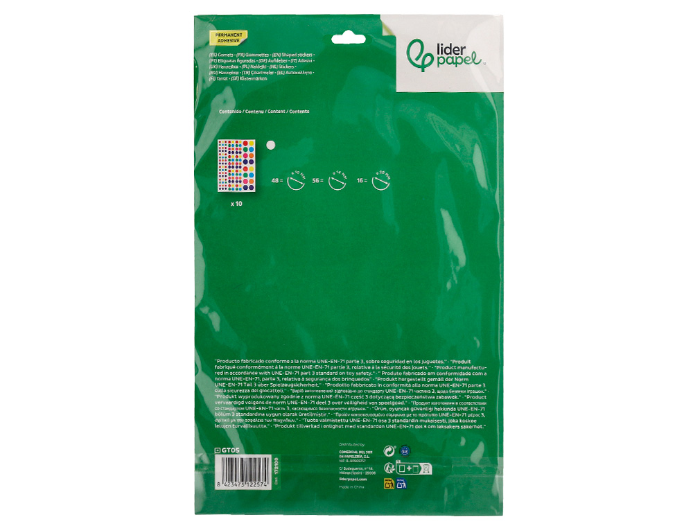 GOMETS LIDERPAPEL AUTOADHESIVO CIRCULOS COLORES Y TAMAOS SURTIDOS BOLSA DE 10 HOJAS 1200 UNIDADES