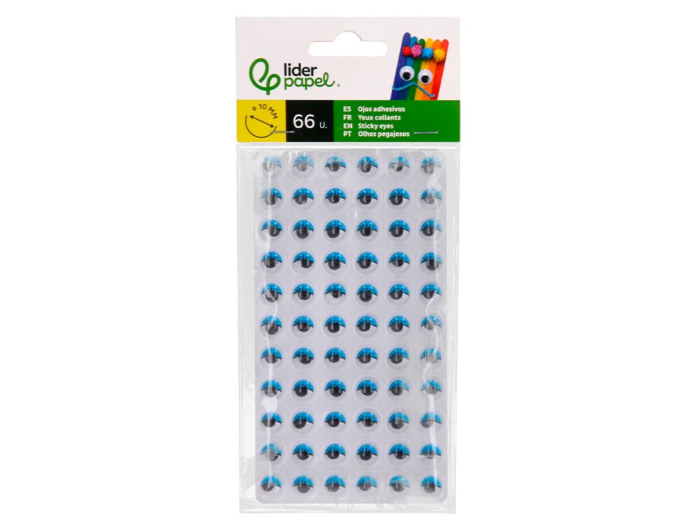 OJO ADHESIVO LIDERPAPEL 10 MM CON PUPILA NEGRA Y PESTAA DE COLOR AZUL PACK DE 66 UNIDADES