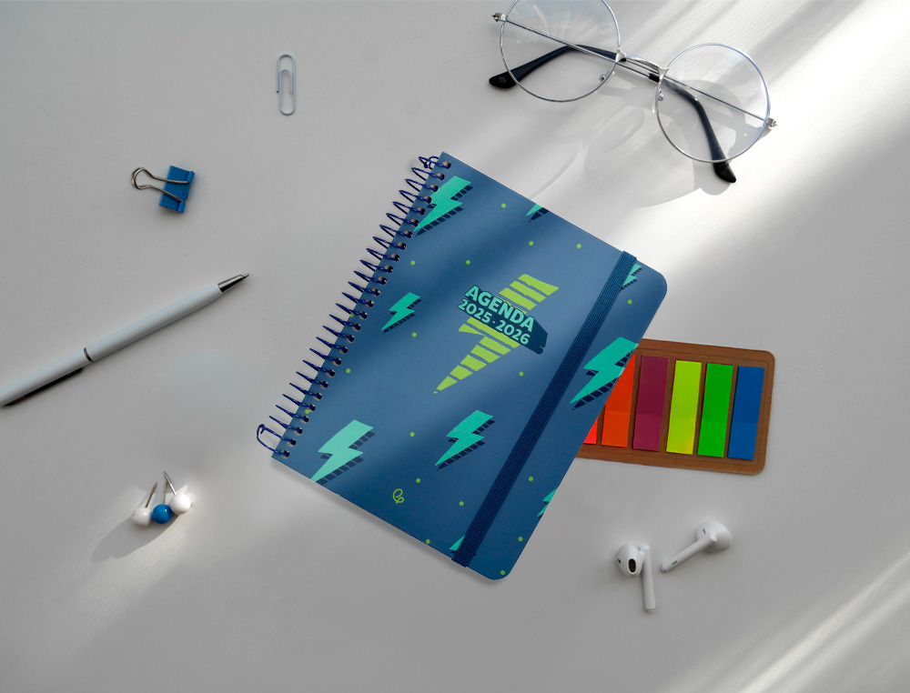 AGENDA ESCOLAR LIDERPAPEL 25-26 ESPIRAL PATTERNS RAYOS AZUL SEMANA VISTA A6 BILINGE PAPEL FSC 80 GR