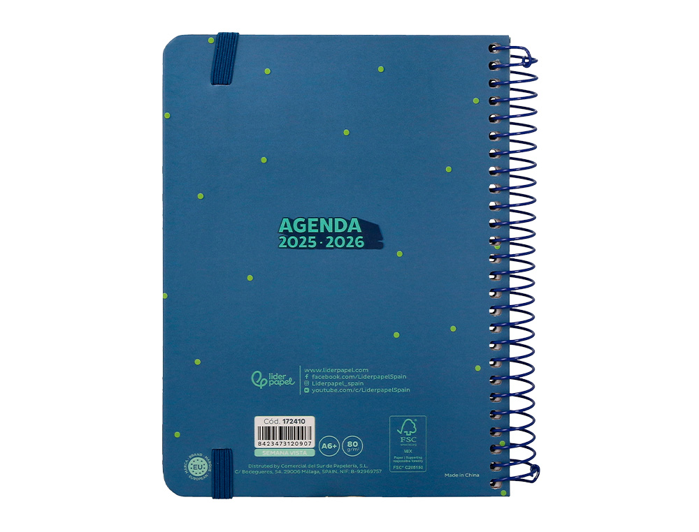 AGENDA ESCOLAR LIDERPAPEL 25-26 ESPIRAL PATTERNS RAYOS AZUL SEMANA VISTA A6 BILINGE PAPEL FSC 80 GR