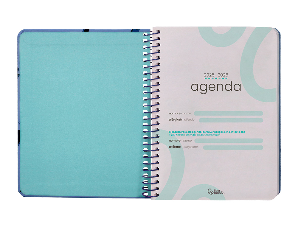 AGENDA ESCOLAR LIDERPAPEL 25-26 ESPIRAL PATTERNS RAYOS AZUL SEMANA VISTA A6 BILINGE PAPEL FSC 80 GR