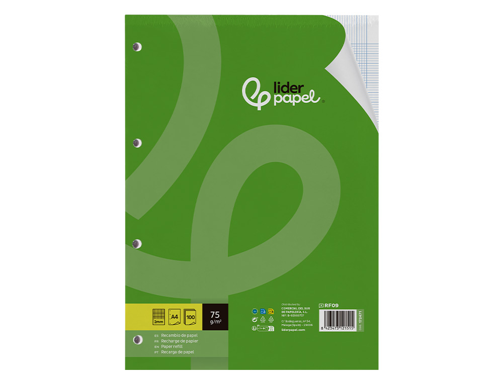 RECAMBIO LIDERPAPEL A4 100 HOJAS 75GR MILIMETRADO SIN MARGEN 4 TALADROS
