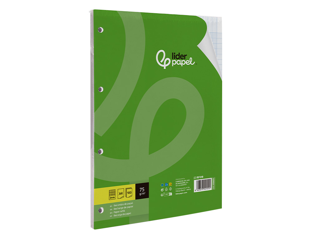 RECAMBIO LIDERPAPEL A4 100 HOJAS 75GR MILIMETRADO SIN MARGEN 4 TALADROS