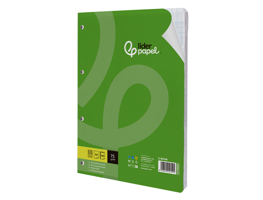 RECAMBIO LIDERPAPEL A4 100 HOJAS 75GR MILIMETRADO SIN MARGEN 4 TALADROS