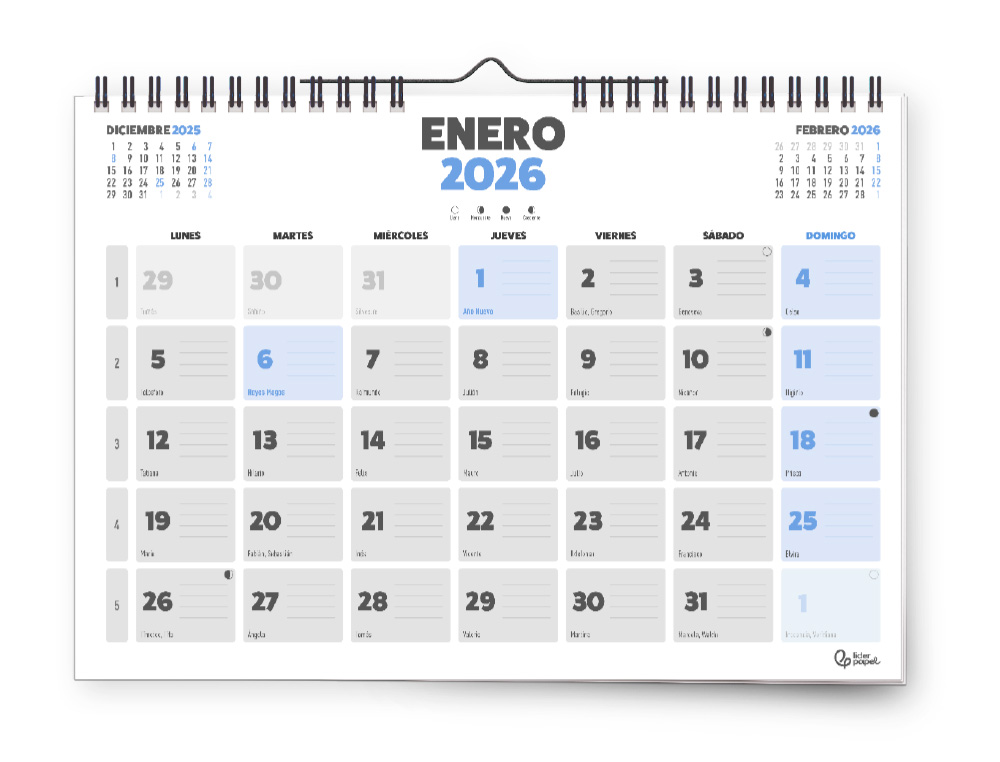 CALENDARIO PARED LIDERPAPEL CLASICO 2026 ESPIRAL 44X32 CM PAPEL 128 GR