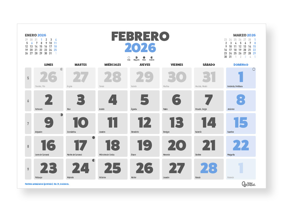 CALENDARIO PARED LIDERPAPEL CLASICO 2026 LOMO ENGOMADO 30X30 CM PAPEL 105 GR