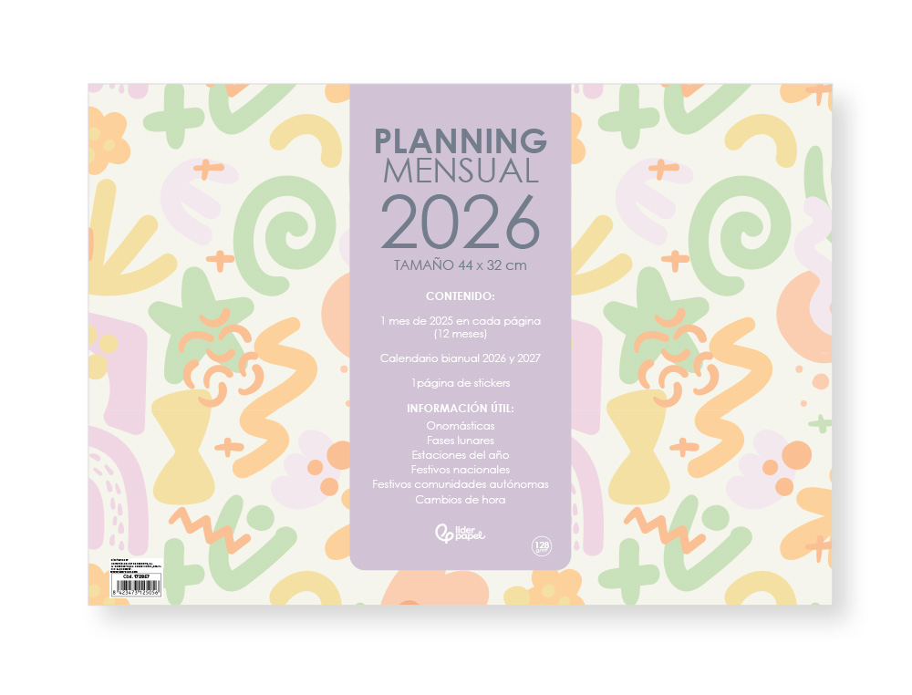 PLANNING MENSUAL LIDERPAPEL JOVEN 2026 44X32 CM CON PEGATINAS LOMO ENGOMADO PAPEL 128 GR