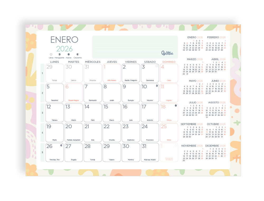 PLANNING MENSUAL LIDERPAPEL JOVEN 2026 44X32 CM CON PEGATINAS LOMO ENGOMADO PAPEL 128 GR
