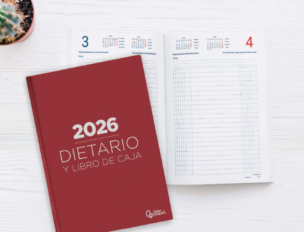 DIETARIO LIDERPAPEL 2026 DOS TERCIOS 150X305 MM DIA PAGINA COLOR ROJO PAPEL 70 GR FSC