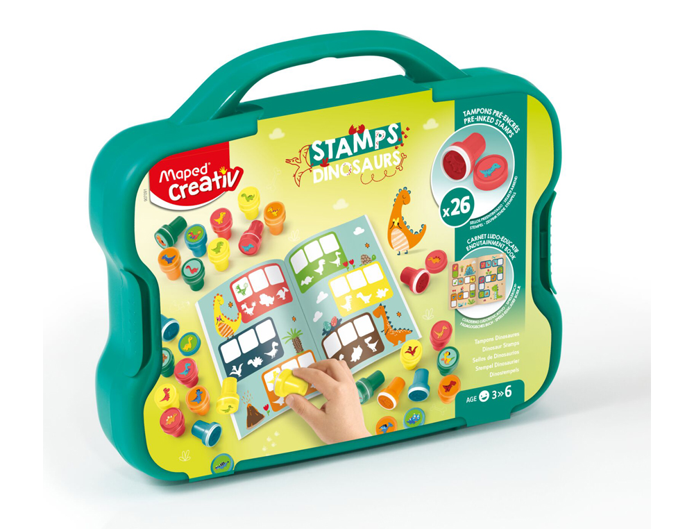 JUEGO MAPED CREATIV TEXTUR ART SELLO DINOSAURIOS MALETIN DE 26 UNIDADES