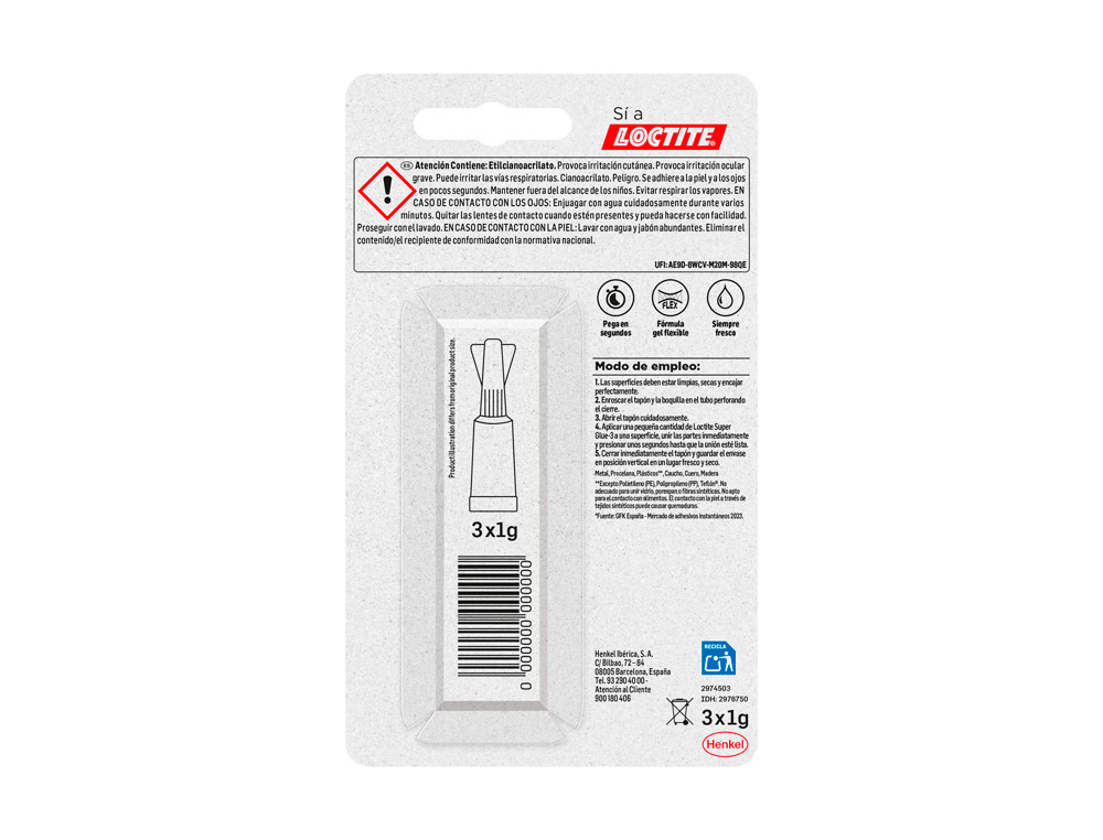 PEGAMENTO LOCTITE SUPER GLUE-3 ADHESIVO INSTANTANEO ORIGINAL POWER GEL 1 GR BLISTER DE 3 UNIDADES