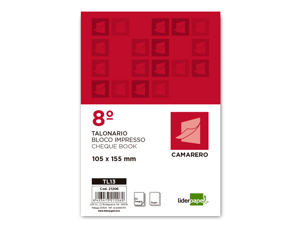 TALONARIO LIDERPAPEL CAMARERO 8º ORIGINAL Y COPIA TL13