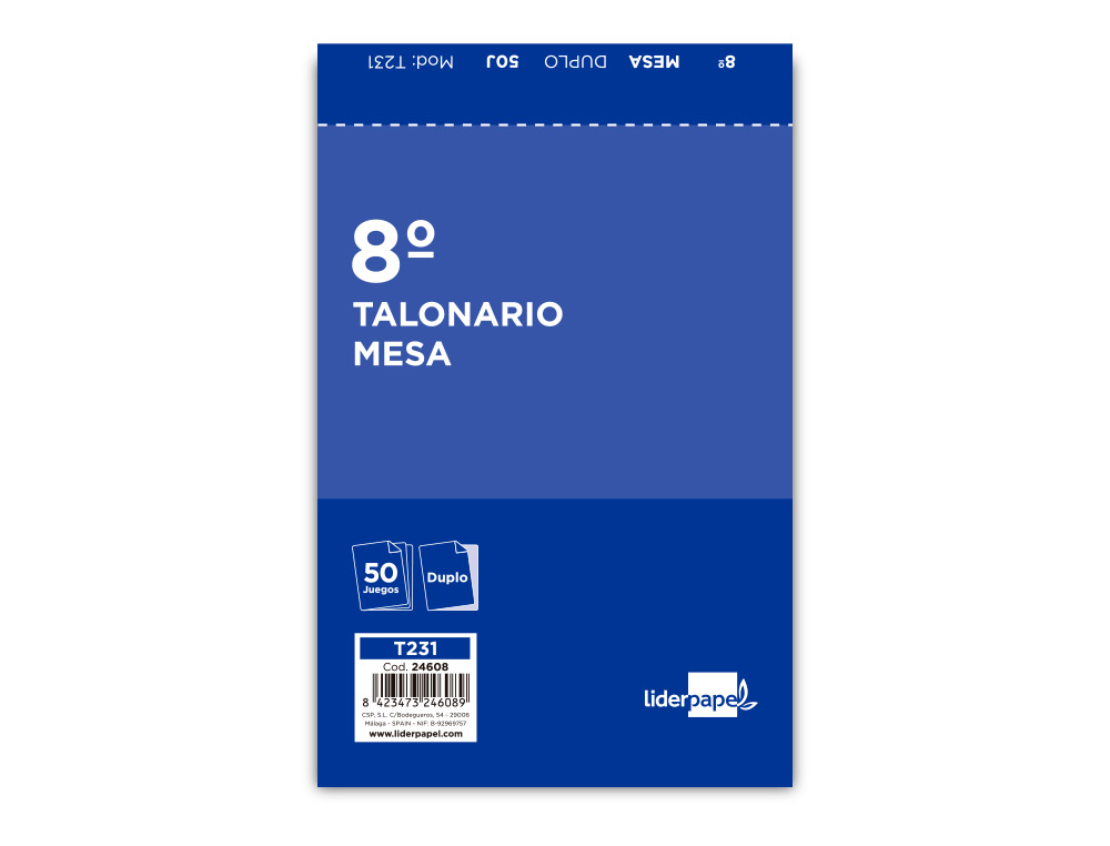 TALONARIO LIDERPAPEL CAMARERO MESA OCTAVO ORIGINAL Y COPIA 231 PAPEL AUTOCOPIANTE