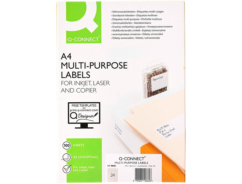 ETIQUETA ADHESIVA Q-CONNECT KF10645 -TAMAÑO 70X35 MM FOTOCOPIADORA LASER INK-JET CAJA CON 100 HOJAS DIN A4
