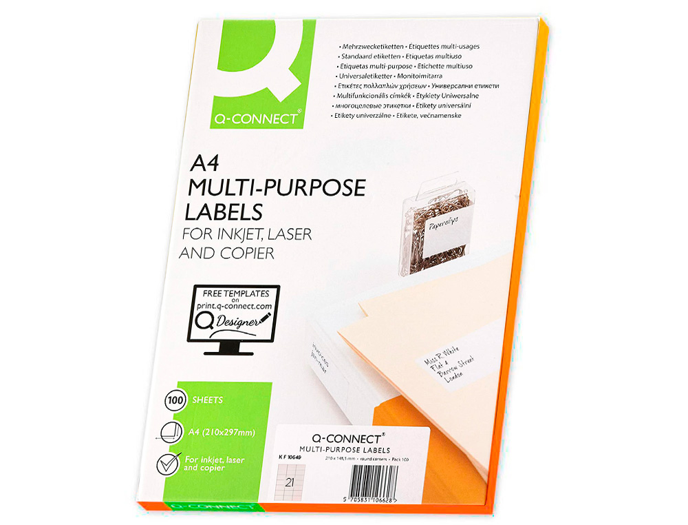 ETIQUETA ADHESIVA Q-CONNECT KF10649 -TAMAO 70X42,3 MM FOTOCOPIADORA LASER INK-JET CAJA CON 100 HOJAS DIN A4