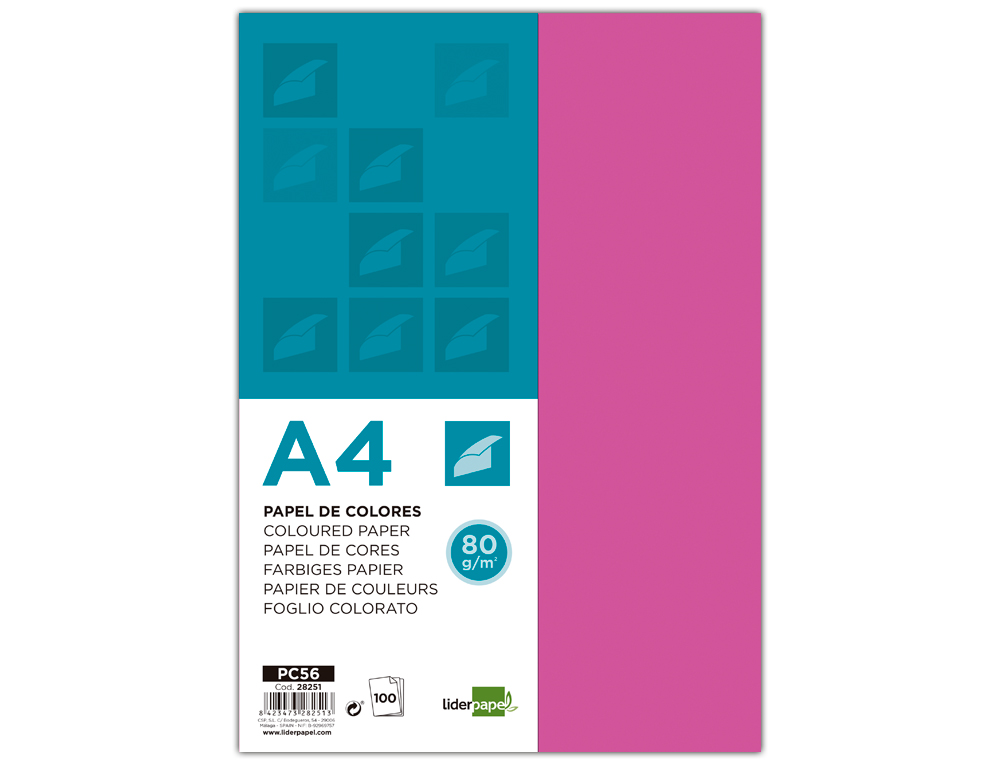 PAPEL COLOR LIDERPAPEL A4 80GR FUCSIA PAQUETE DE 100 HOJAS
