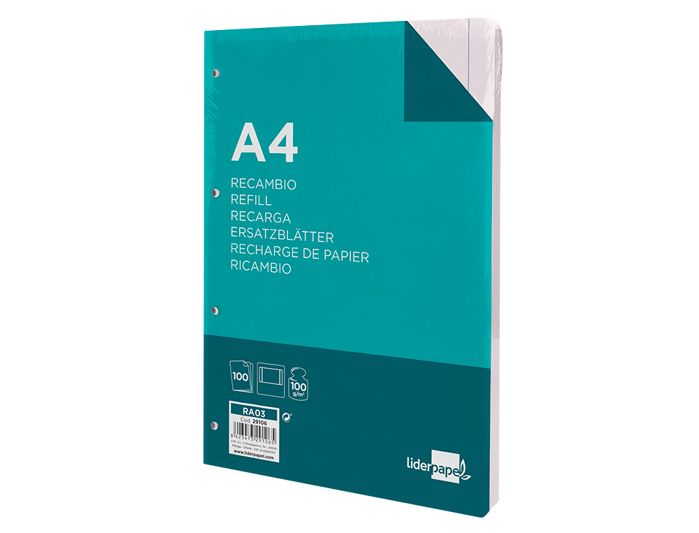 RECAMBIO LIDERPAPEL A4 100 HOJAS 100GR LISO 4 TALADROS DOBLE MARGEN