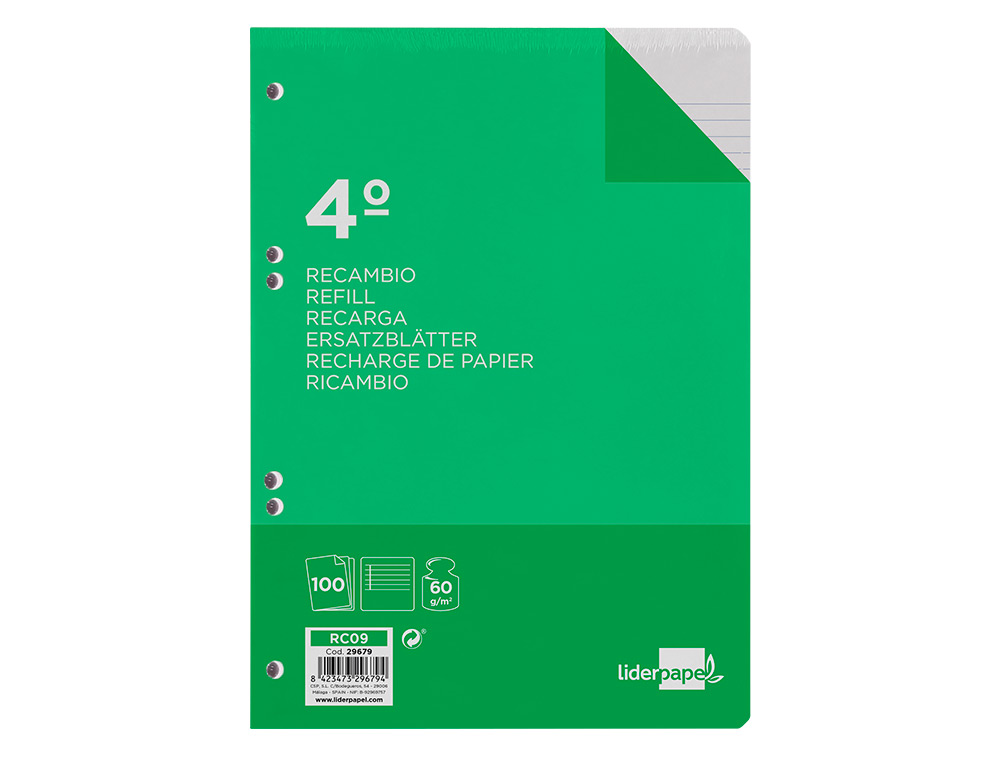 RECAMBIO LIDERPAPEL CUARTO 100 HOJAS 60GR HORIZONTAL CON MARGEN 6 TALADROS