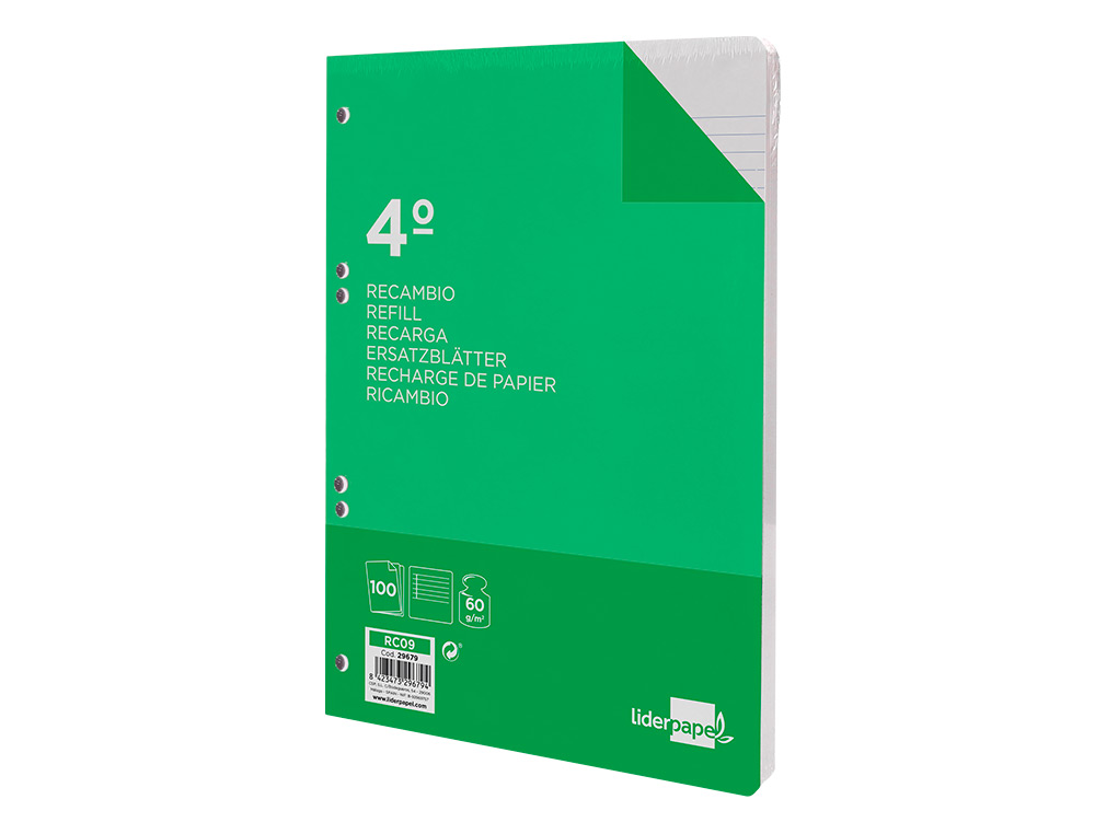 RECAMBIO LIDERPAPEL CUARTO 100 HOJAS 60GR HORIZONTAL CON MARGEN 6 TALADROS