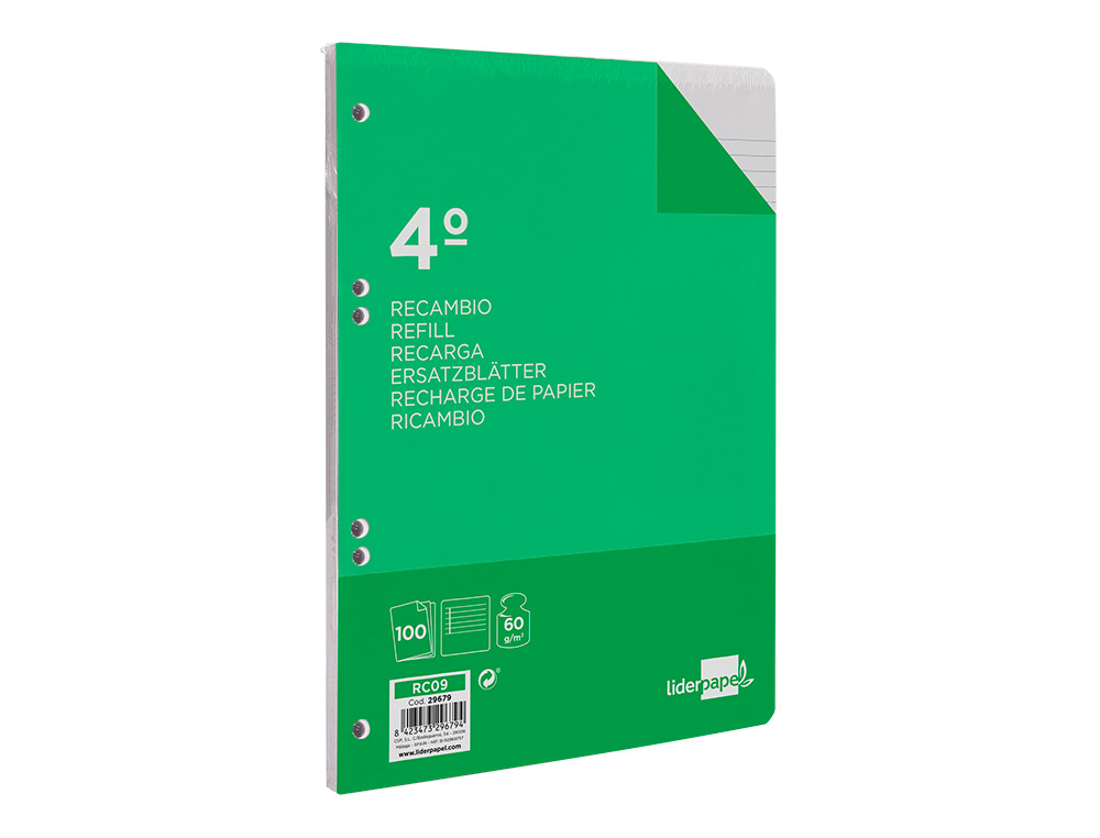 RECAMBIO LIDERPAPEL CUARTO 100 HOJAS 60GR HORIZONTAL CON MARGEN 6 TALADROS
