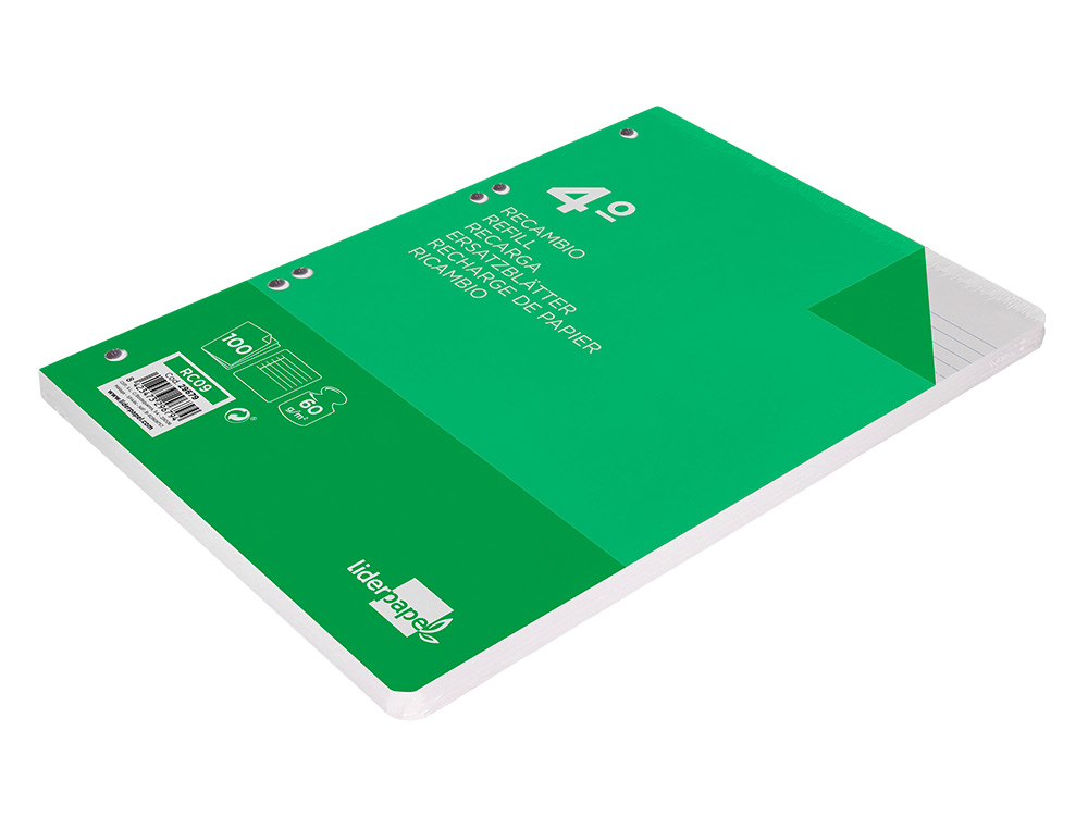 RECAMBIO LIDERPAPEL CUARTO 100 HOJAS 60GR HORIZONTAL CON MARGEN 6 TALADROS
