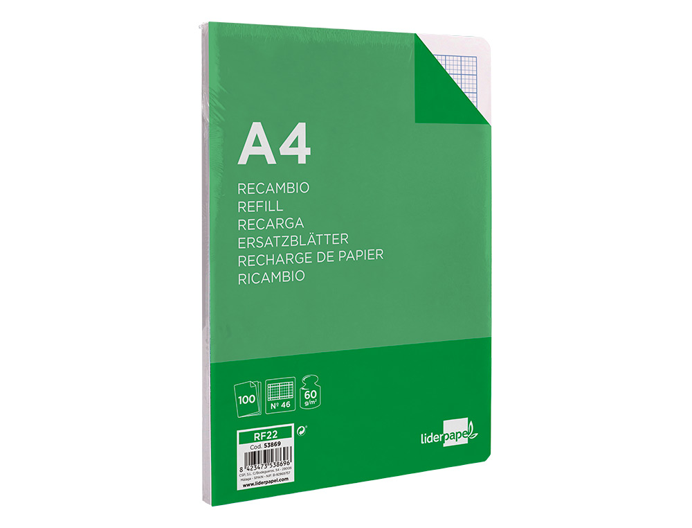 RECAMBIO LIDERPAPEL A4 100 HOJAS 60GR RAYADO N 46 4 TALADROS