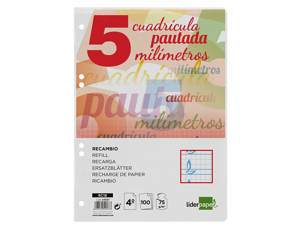 RECAMBIO LIDERPAPEL CUARTO PAUTAGUIA 100 HOJAS 75 G CUADRICULADO PAUTADO 5 MM CON MARGEN 6 TALADROS