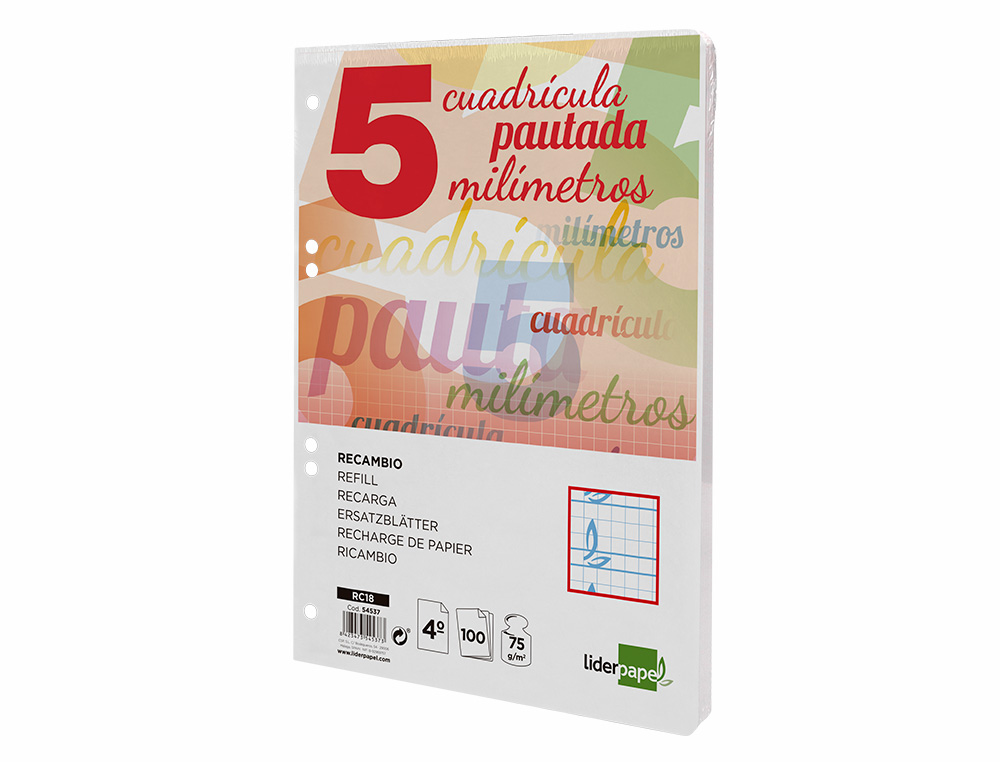 RECAMBIO LIDERPAPEL CUARTO PAUTAGUIA 100 HOJAS 75 G CUADRICULADO PAUTADO 5 MM CON MARGEN 6 TALADROS