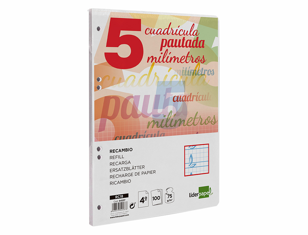 RECAMBIO LIDERPAPEL CUARTO PAUTAGUIA 100 HOJAS 75 G CUADRICULADO PAUTADO 5 MM CON MARGEN 6 TALADROS