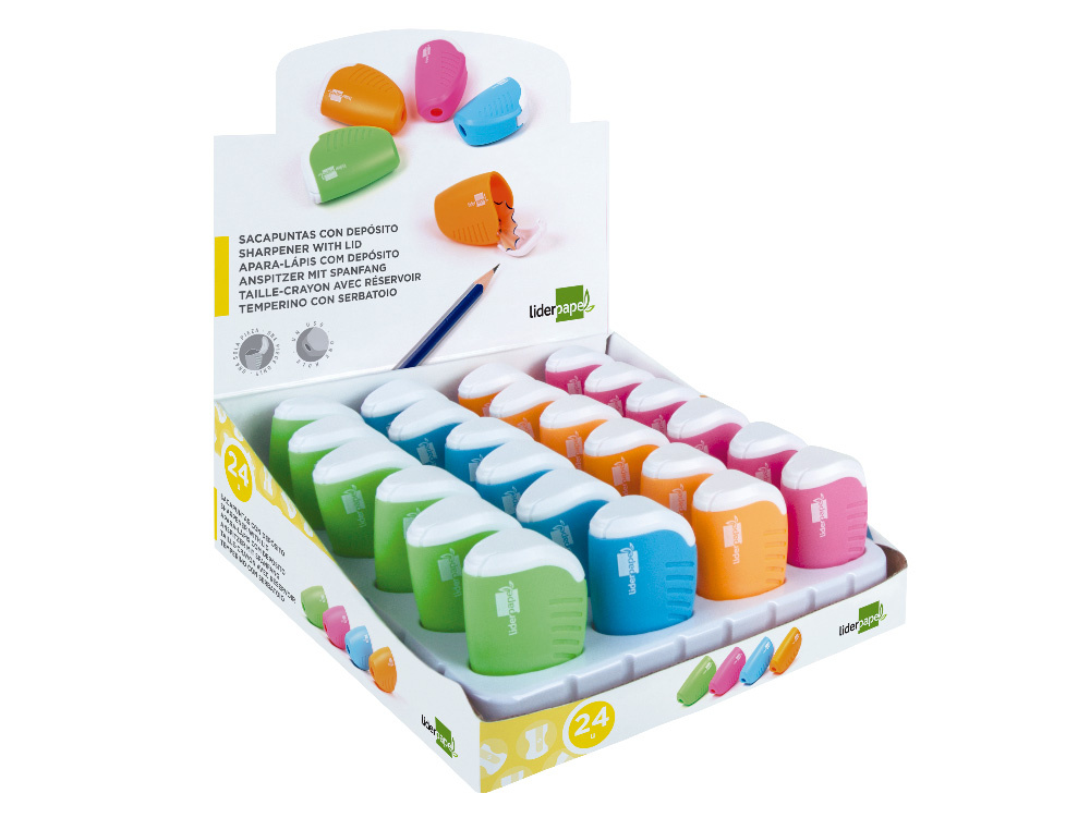 SACAPUNTAS LIDERPAPEL PLASTICO 1 USO CON DEPOSITO COLORES SURTIDOS