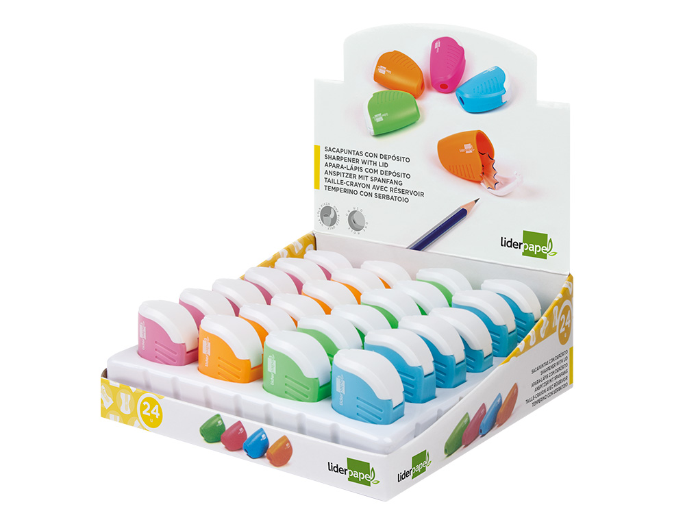 SACAPUNTAS LIDERPAPEL PLASTICO 1 USO CON DEPOSITO COLORES SURTIDOS