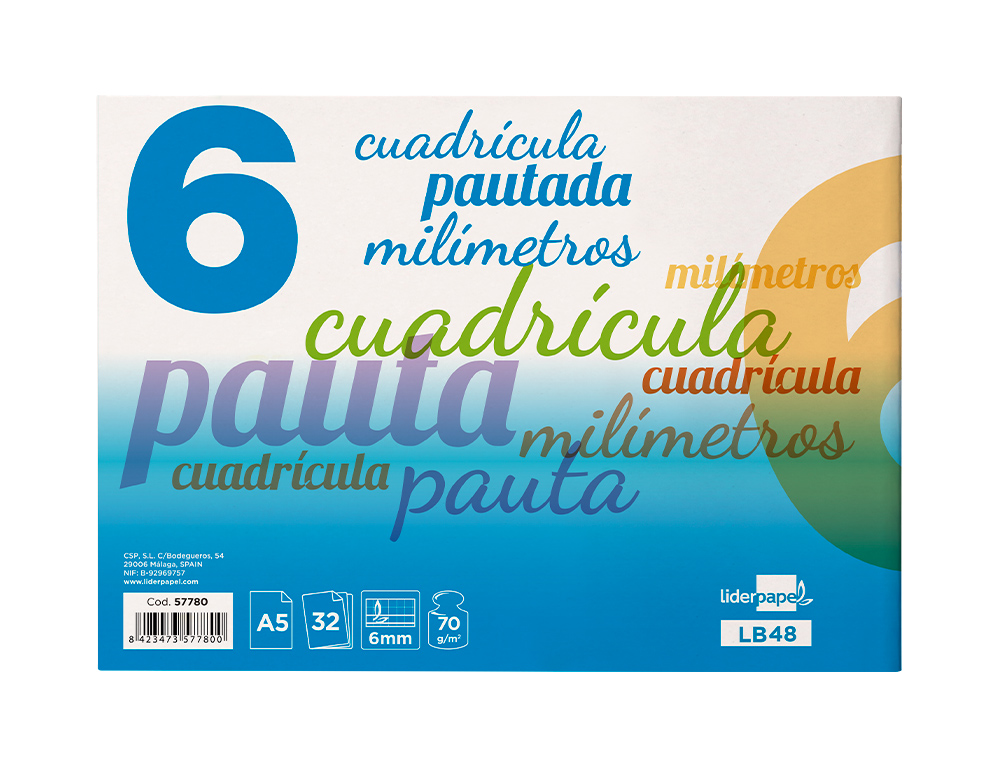 LIBRETA LIDERPAPEL PAUTAGUIA TAPA CARTONCILLO 32 HOJAS DIN A5 70 GR CUADRICULADO PAUTADO 6 MM APAISADO