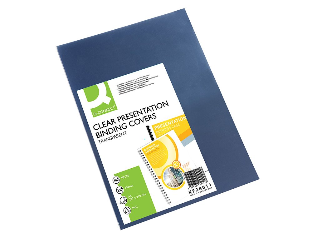 TAPA DE ENCUADERNACION Q-CONNECT PVC DIN A4 INCOLORA 250 MC PAQUETE DE 100 UNIDADES