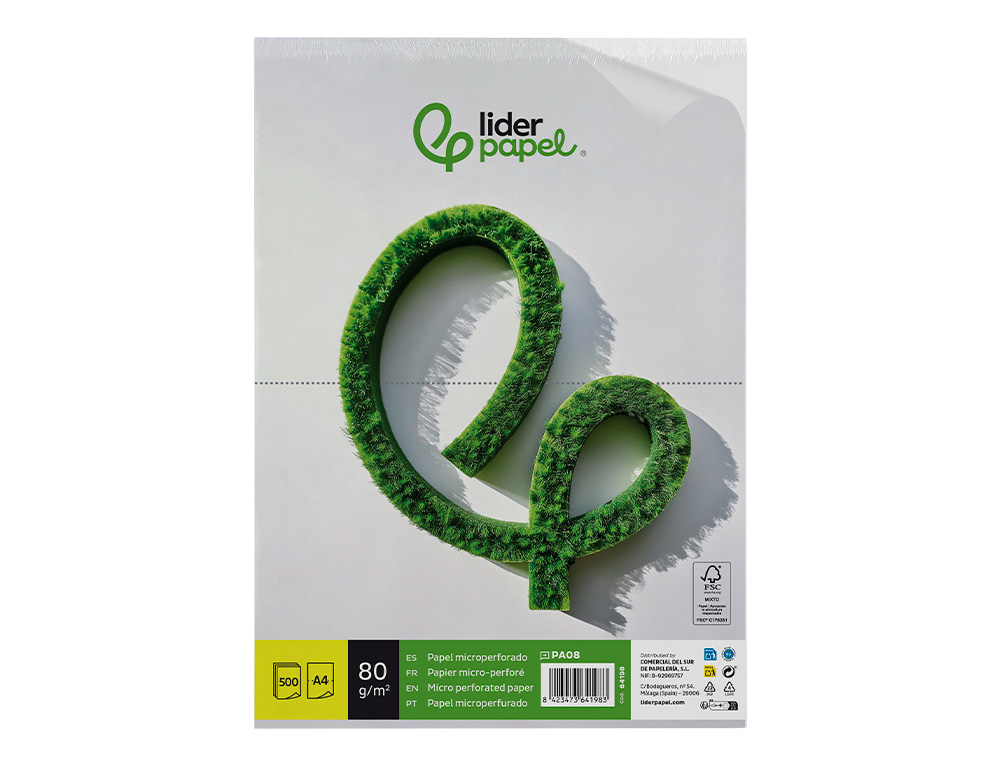 PAPEL LIDERPAPEL A4 80G/M2 LISO MICROPERFORADO EN DOS PARTES IGUALES PAQUETE DE 500 HOJAS FSC