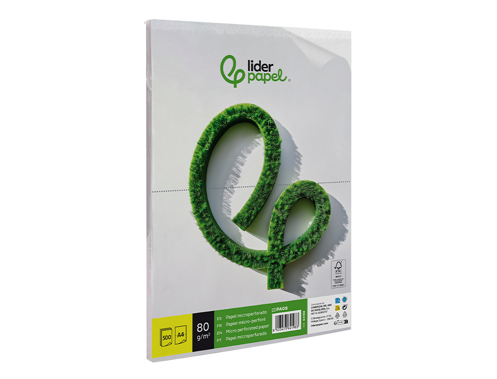 PAPEL LIDERPAPEL A4 80G/M2 LISO MICROPERFORADO EN DOS PARTES IGUALES PAQUETE DE 500 HOJAS FSC