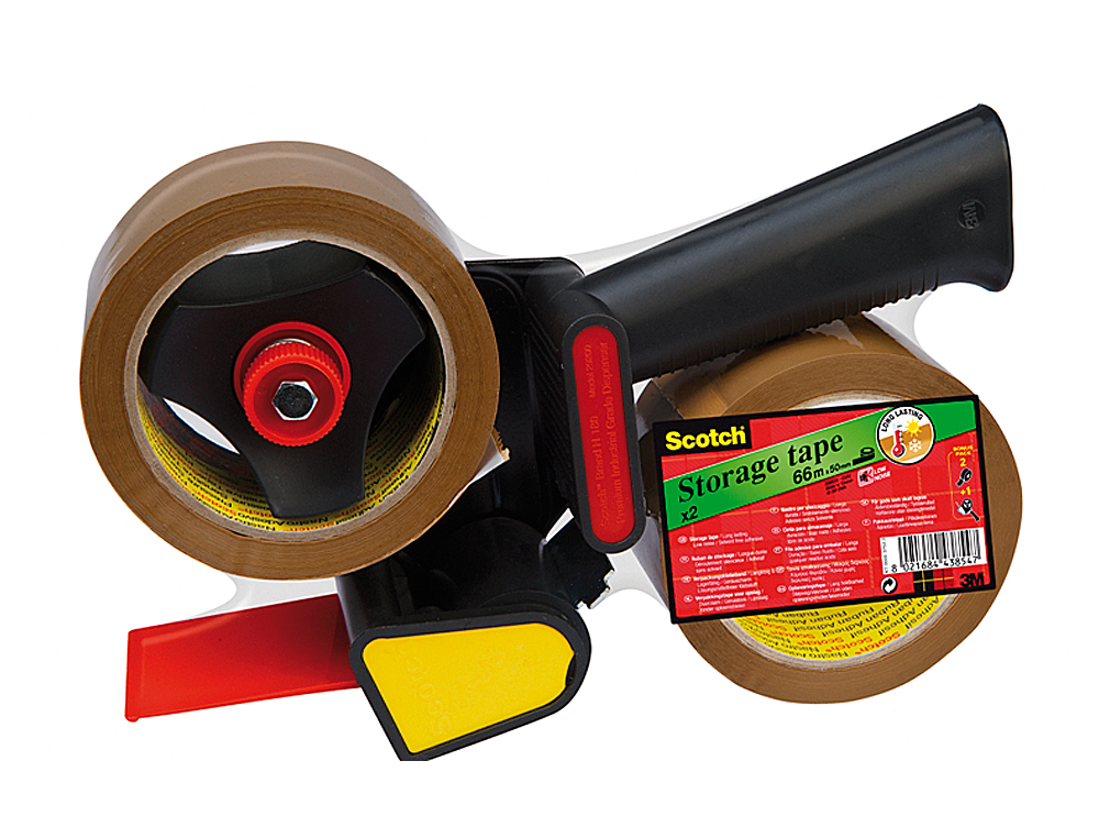 PORTARROLLO SCOTCH PARA EMBALAJE HEAVY DUTY BAJO RUIDO CON 2 ROLLOS DE CINTAS MARRON 50MM X 66MT