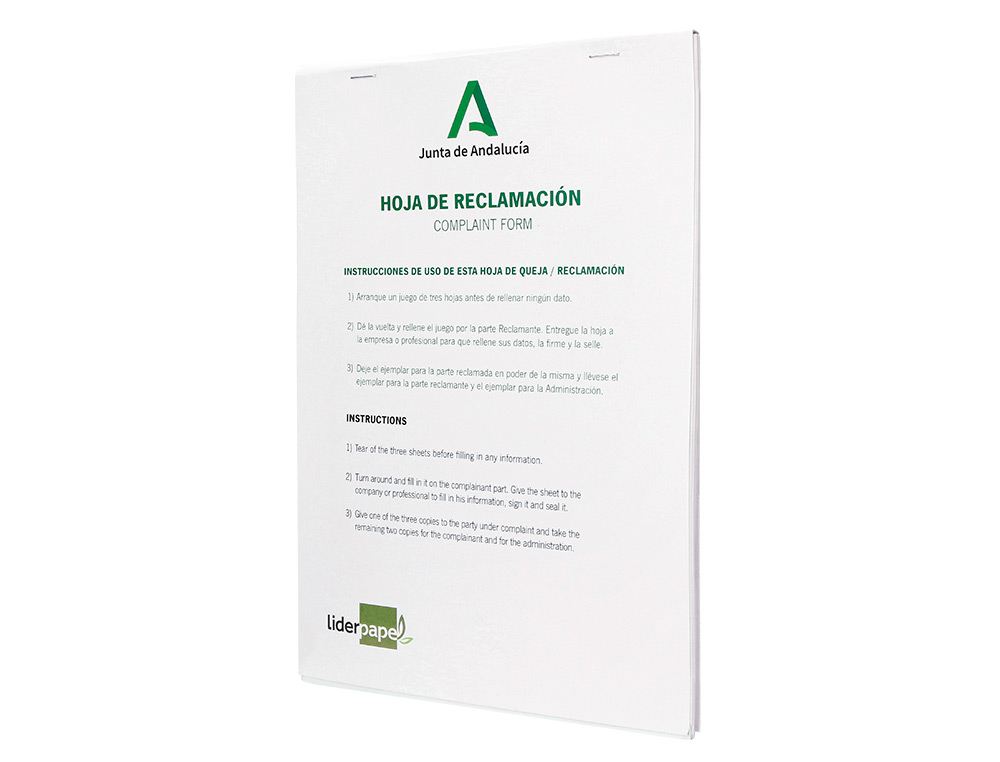 LIBRO LIDERPAPEL HOJAS DE RECLAMACIONES JUNTA DE ANDALUCIA DIN A4 24 JUEGOS ORIGINAL + 2 COPIAS
