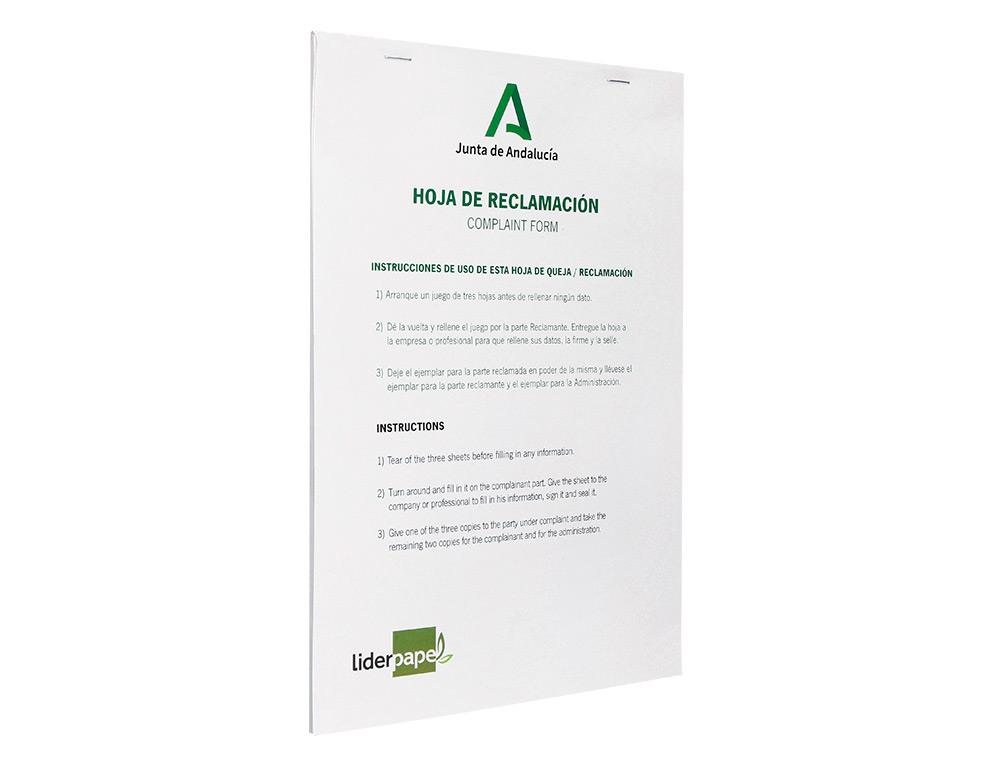 LIBRO LIDERPAPEL HOJAS DE RECLAMACIONES JUNTA DE ANDALUCIA DIN A4 24 JUEGOS ORIGINAL + 2 COPIAS