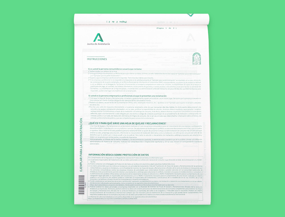 LIBRO LIDERPAPEL HOJAS DE RECLAMACIONES JUNTA DE ANDALUCIA DIN A4 24 JUEGOS ORIGINAL + 2 COPIAS