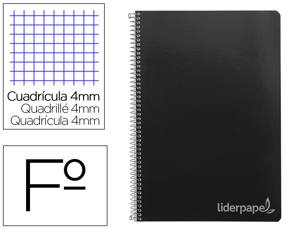 CUADERNO ESPIRAL LIDERPAPEL FOLIO WITTY TAPA DURA 80H 75GR CUADRO 4MM CON MARGEN COLOR NEGRO