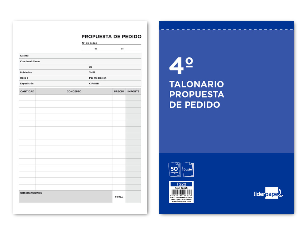 TALONARIO LIDERPAPEL PEDIDOS CUARTO ORIGINAL Y COPIA T222