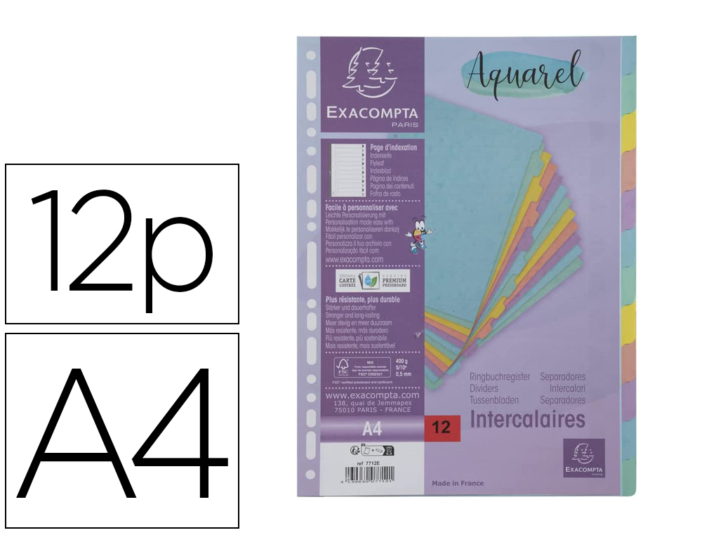 SEPARADOR EXACOMPTA AQUAREL CARTULINA LUSTRADA JUEGO DE 12 SEPARADORES DIN A4 COLORES PASTEL