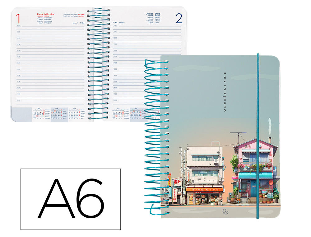 AGENDA ESPIRAL LIDERPAPEL SANTORINI A6 2025 DIA PAGINA STREET VIEW PAPEL 60 GR