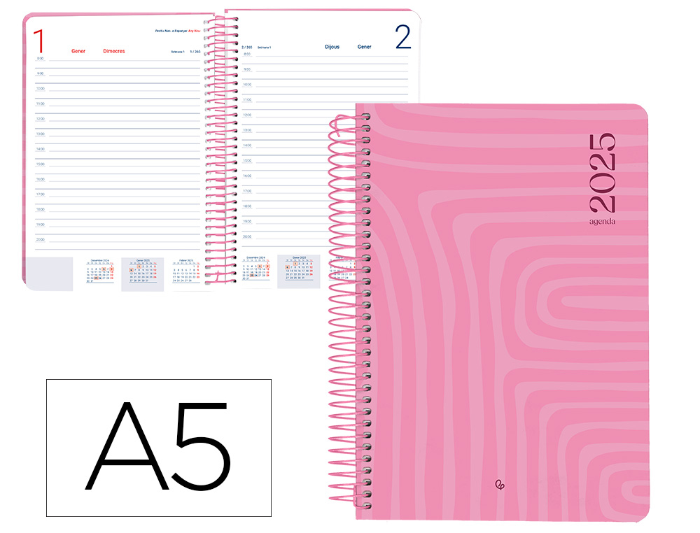 AGENDA ESPIRAL LIDERPAPEL SYROS A5 2025 DIA PAGINA COLORROSA PAPEL 60 GR CATALAN