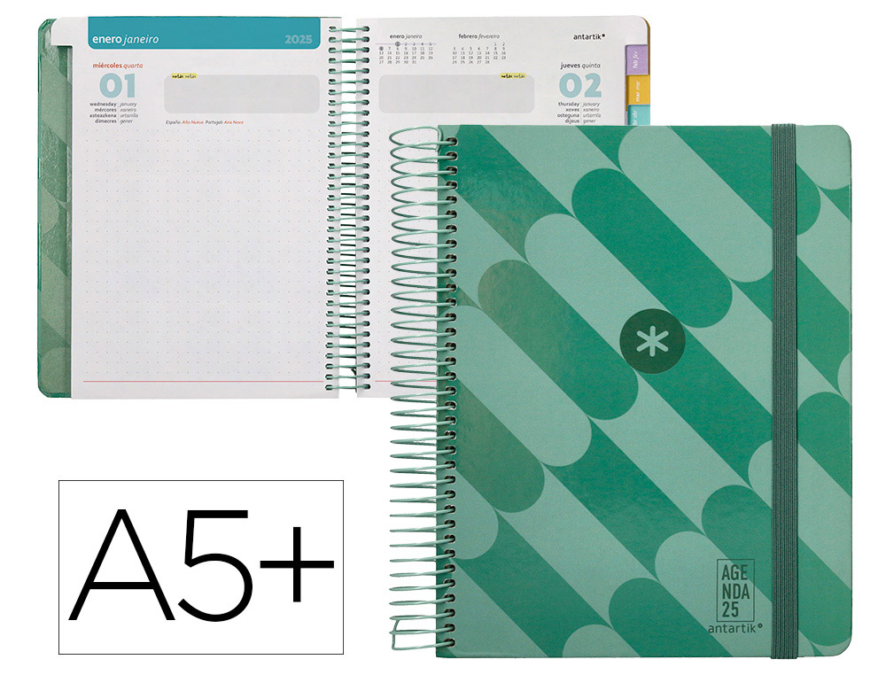 AGENDA ESPIRAL ANTARTIK PATTERN A5+ 2025 DIA PAGINA COLOR VERDE PAPEL 80 GR