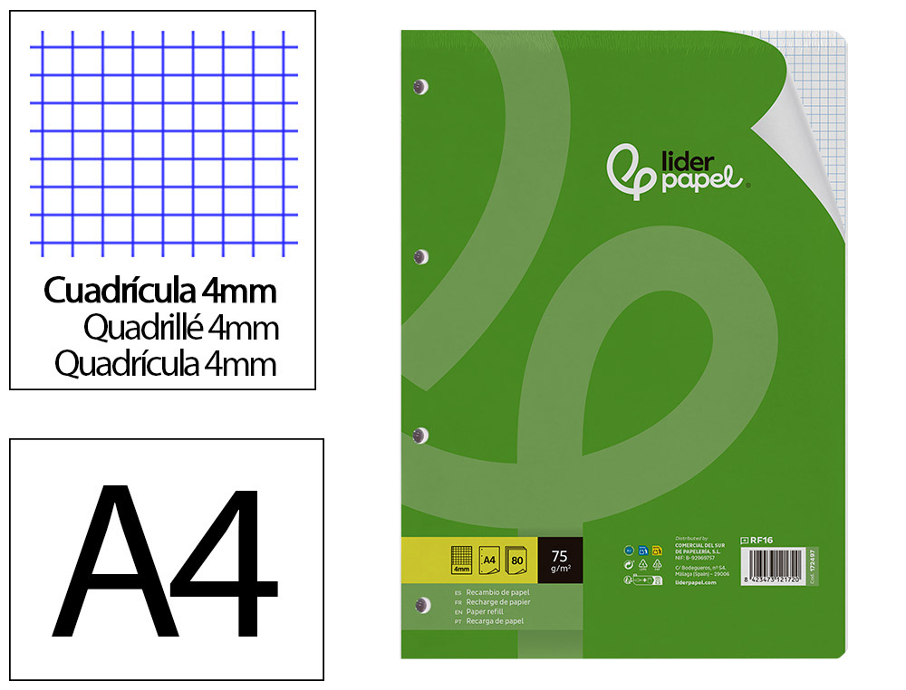 RECAMBIO LIDERPAPEL A4 80 HOJAS 75G/M2 CUADRO 4 MM CON MARGEN 4 TALADROS