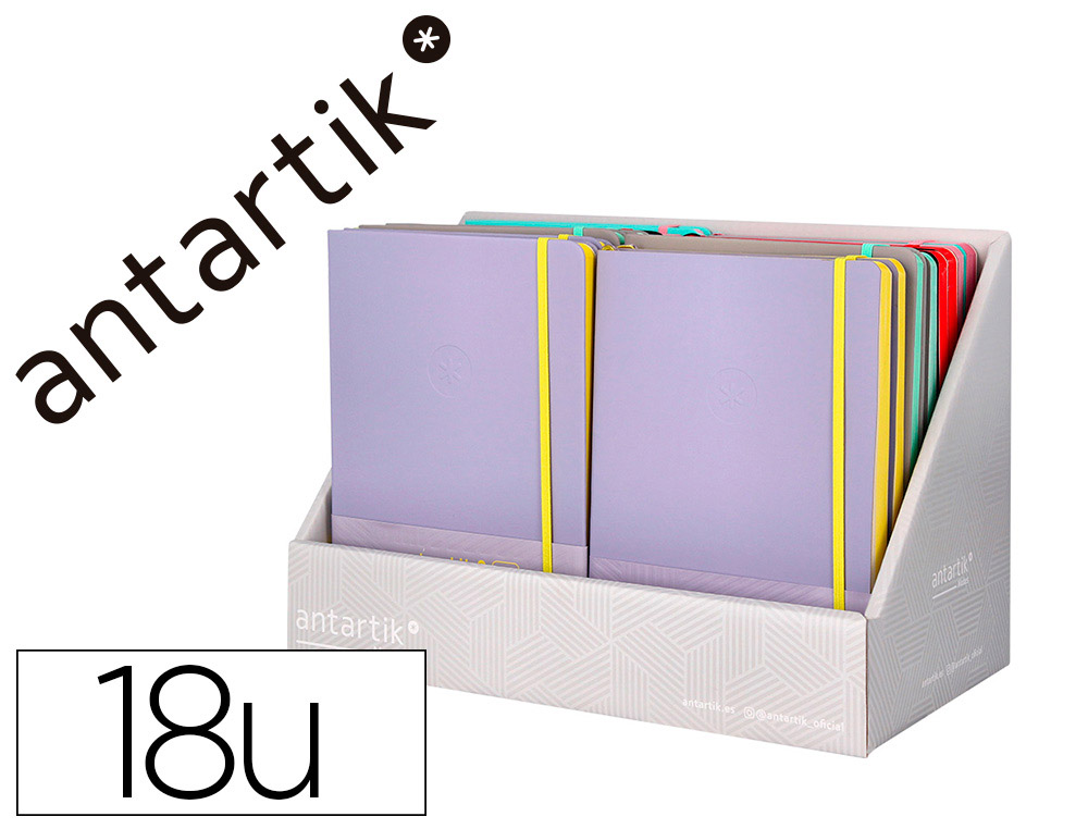CUADERNO CON GOMILLA ANTARTIK NOTE TAPA DURA Y BLANDA BICOLOR EXPOSITOR DE 18 UNIDADES SURTIDAS