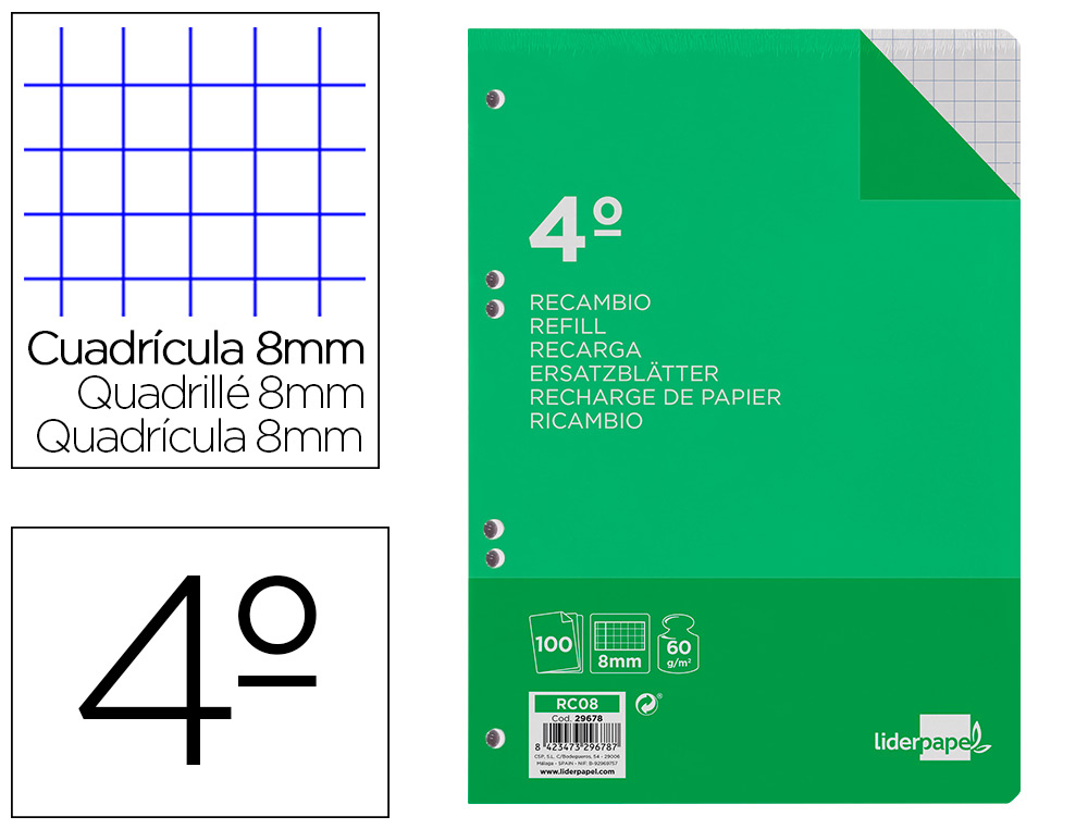 RECAMBIO LIDERPAPEL CUARTO 100 HOJAS 60G/M2 CUADRO 8MM CON MARGEN 6 TALADROS