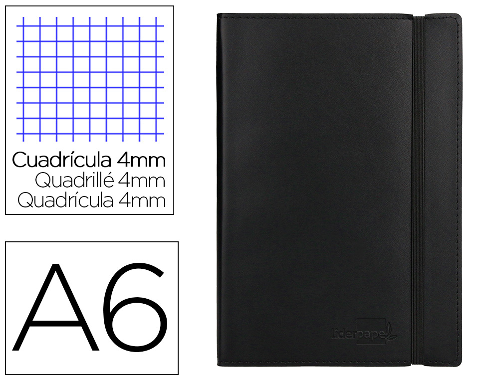 LIBRETA LIDERPAPEL SIMIL PIEL A6 120 HOJAS 70G/M2 CUADRO 4MM SIN MARGEN NEGRO
