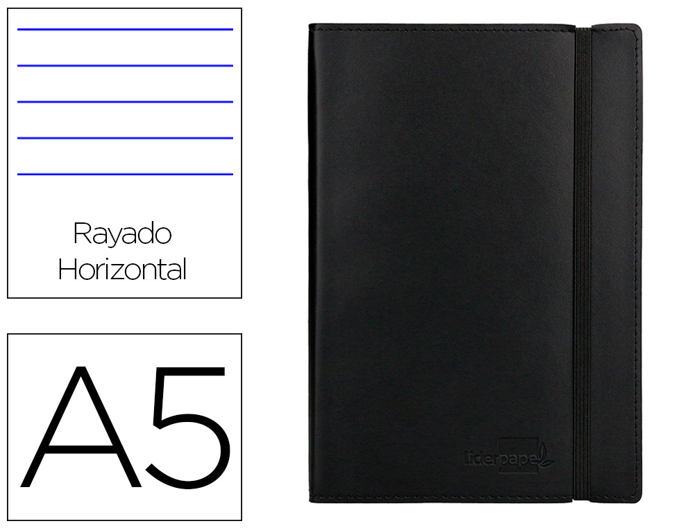 LIBRETA LIDERPAPEL SIMIL PIEL A5 120 HOJAS 70G/M2 HORIZONTAL SIN MARGEN NEGRO